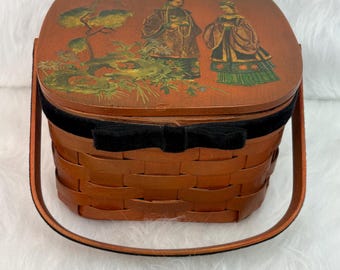 Vintage Brown Woven Basket Handbag with Chinese Chinoiserie Images on Lid, 1968 L. Hoyt Woven Basket Purse,  Vintage Collectible Basket