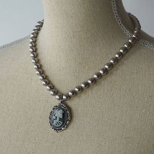 Skeleton Cameo on Grey Pearl Necklace, Halloween Necklace, Halloween Jewelry, Steampunk Necklace, Steampunk Jewelry, Steampunk Halloween