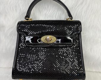 Vintage Small Whiting and Davis Black Top-Handle Metal Mesh Handbag, 1980s Black Metal Mesh Evening Bag by Whiting and Davis, Small Handbag