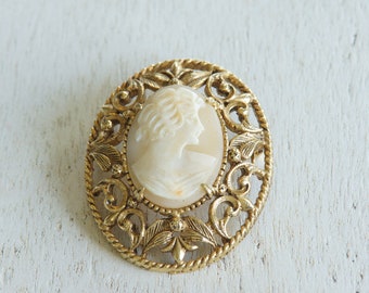 Vintage Florenza Cameo Pin: Hand-Carved Shell, 24K Gold Plated