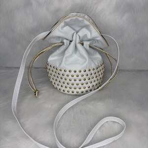 Vintage 1980s White Leather Hobo Style Bag with Gold Studs