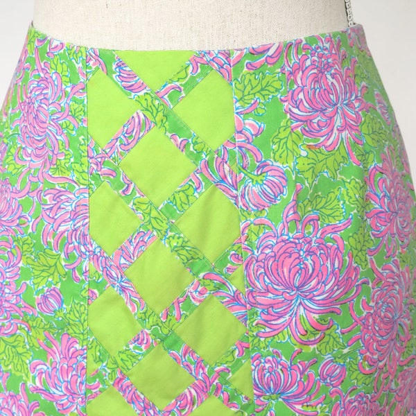Vintage Lilly Pulitzer "The Lilly" Midi Skirt with Pink and Green Floral Skirt, Vintage Lilly Pulitzer Skirt, Vintage Midi Skirt