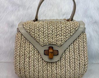 Vintage Meyers Woven Straw Off White Top-Handle Bag with Bamboo Turn-Lock Clasp