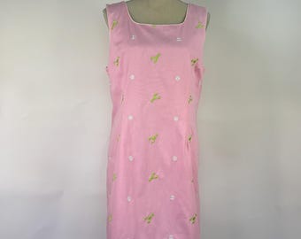 Vintage roze katoenen jurk van lilly Pulitzer, groene kreeftenmadeliefjes, maat 14