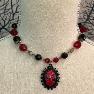 Red Skeleton Cameo beaded Necklace, Beaded Red and Black Skull Cameo Necklace,  Red Cameo Statement Necklace