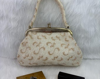 Vintage  White Corde' Bead by Lumured Handbag with Gold Embellishments, 1950s Corde' bead Purse