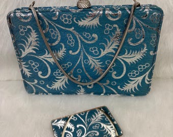Vintage Rosart Teal Blue Brocade Handbag with Metallic Silver Swirls, 1960s Handbag, Mid-Century Evening Bag, Cocktail Clutch