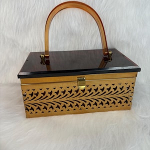 Vintage Brass Filigree and Brown Lucite Box-Style Handbag, Brass and Brown Lucite Top Handle Box-Style Purse, Lucite and Brass Handbag