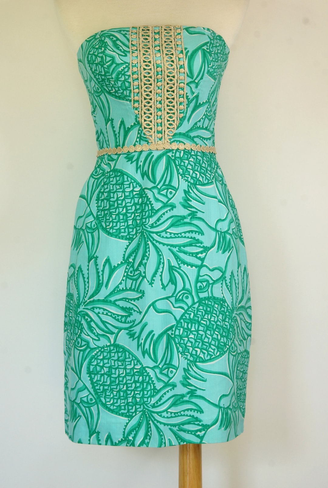 Lilly Pulitzer Strapless Dress: Aqua Green Pineapple Print, Gold