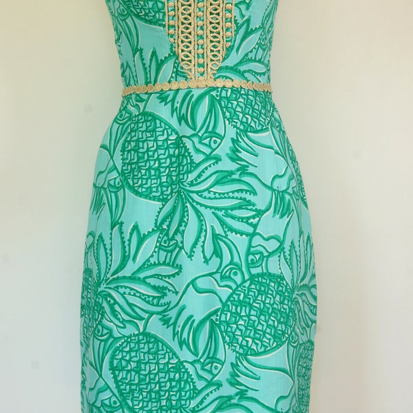 Lilly Pulitzer Strapless Dress Aqua and Green Print With Gold Trim, Size 2 Lilly Pulitzer Strapless Dress