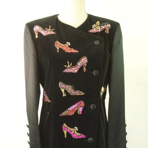 Vintage Escada Black Velvet Jacket with Beaded Shoe Embellishments, 1990s Escada Black Velvet Blazer with Satin Sleeves