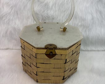 Vintage 1950s Octagonal Basketweave Gold Metal Box Purse with Lucite Lid and Handle