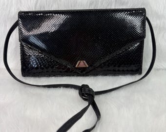 Adrienne for Valerie Black Snakeskin and Leather Envelope Style Purse with Shoulder Strap, Black Snakeskin Clutch
