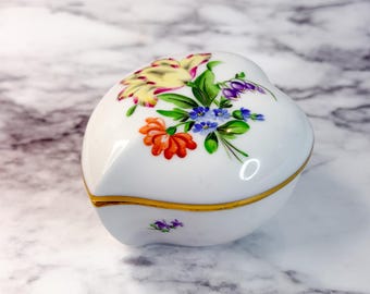 Vintage Herend Hungary Porcelain Heart Shaped Trinket Dish with Lid, Herend Porcelain Trinket Box