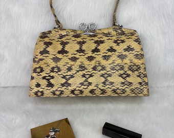 Vintage Snakeskin Handbag, Beige and Brown Top Handle Purse