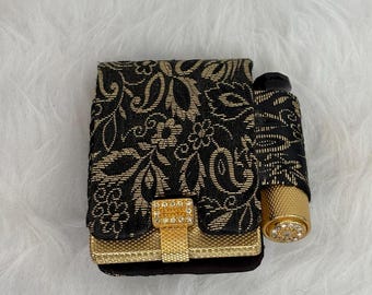 Vintage Max Factor Brocade Lipstick and Powder Compact, 1950s-1960s  Black and Gold Brocade Compact Vanity Case