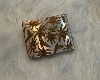 Vintage Elgin American Rectangular Silver Compact with Gold Leaves