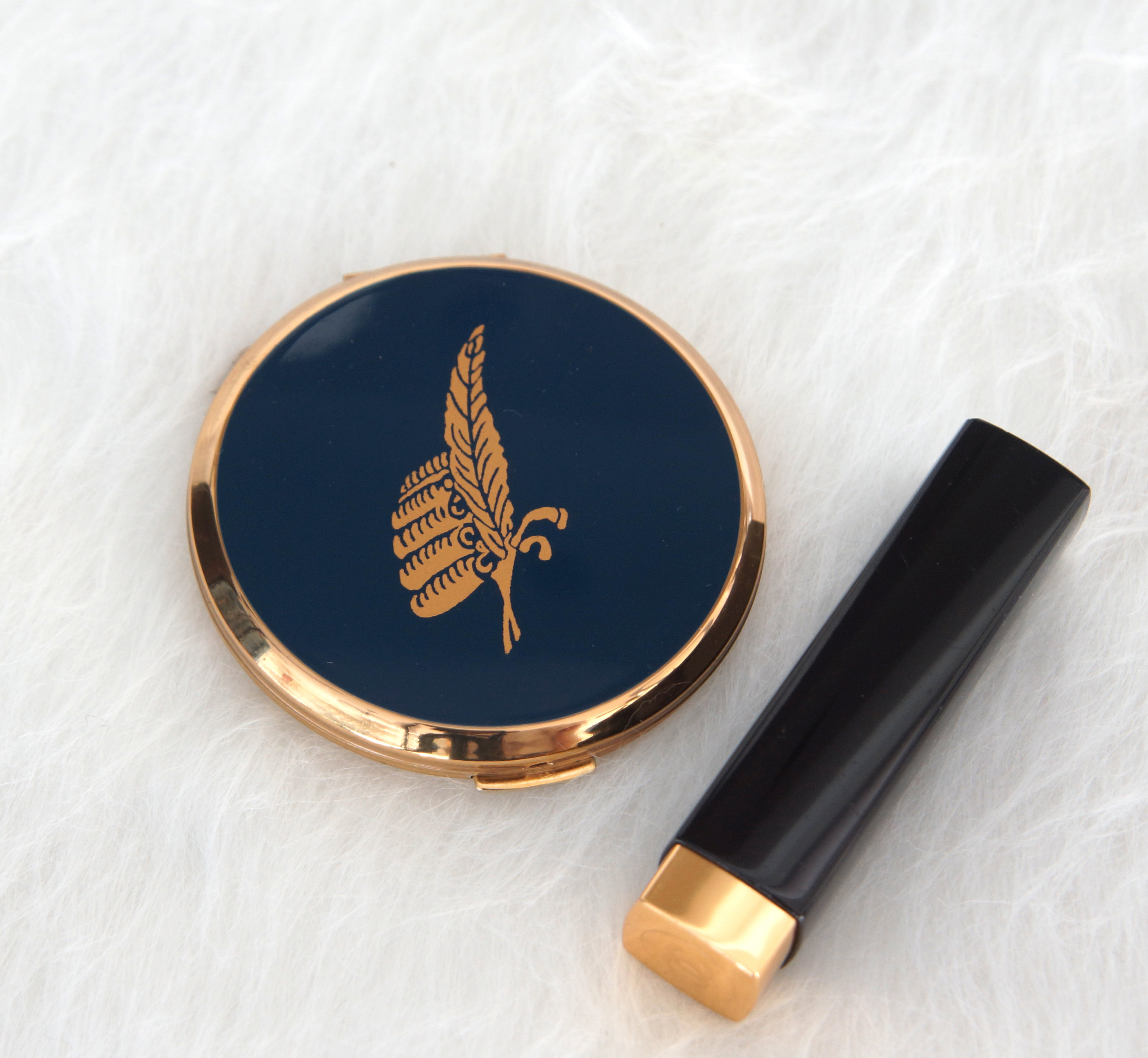 Vintage Stratton Compact: Blue Enamel Gold Leaf Design, Made in England