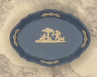 Wedgwood Portland Blue Trinket Dish/Tray | Jasperware Oval Tray With Cherubs