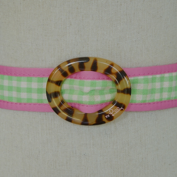 Vintage Lilly Pulitzer Green Gingham Belt With Buckle, Size Medium Belt, Green Gingham Summer Belt