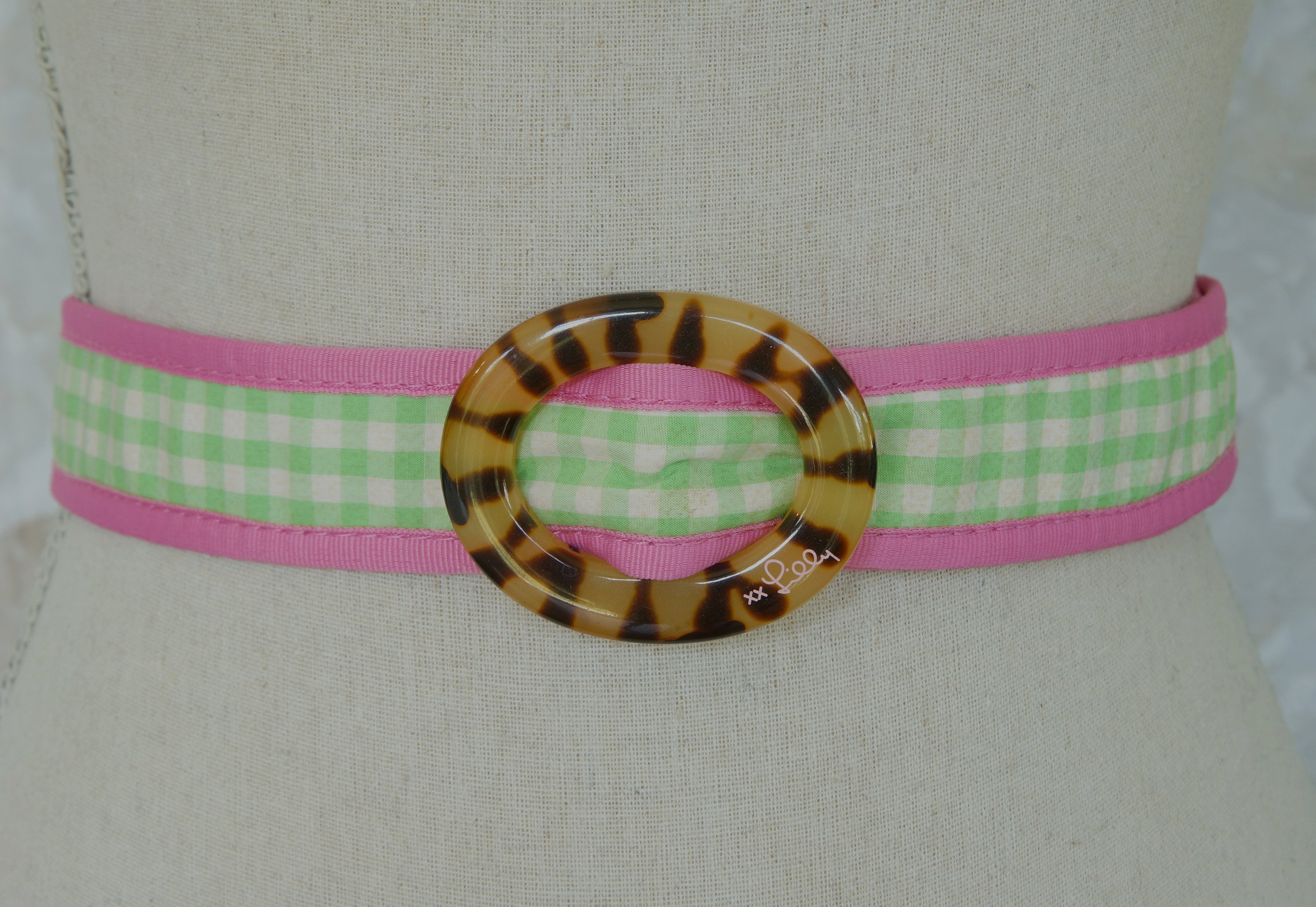 Lilly Pulitzer green white gingham pink trimmed belt with buckle EUC pre… Vintage Lilly Pulitzer Belt Patchwork Preppy Pink Green  main image 2