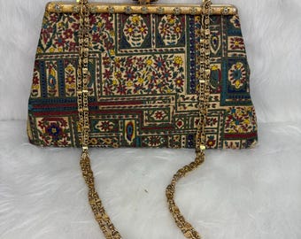 Vintage After Five Handbag: Green Turkish Rug Pattern Clutch with Coin Purse