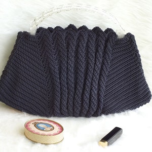 Vintage 1960s Navy Blue Crocheted Handbag with Acrylic Handles, Vintage Navy Blue Purse with Acrylic Handles, Vintage Navy Blue Handbagg