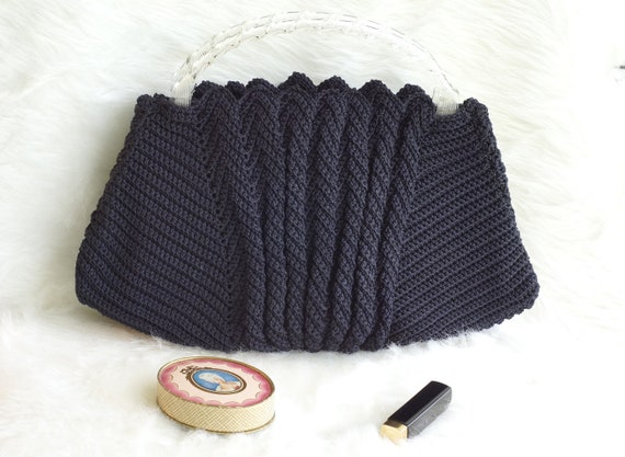 Vintage 1960s Navy Blue Crocheted Handbag with Ac… - image 1