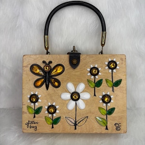 Vintage Enid Collins&#39; Glitter Bug Wooden Box Handbag, Enid Collins&#39; Box Purse with Flowers, Enid Collins&#39; Collectible Box Purse