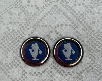 Vintage Wedgwood Jasperware Earrings, Silver Framed Fairy Motif, Dark Blue Post Earrings