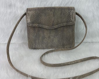 Vintage Frenchy of California Bronze Suede Snakeskin Pattern Purse with Shoulder Strap, Bronze Colored Cross-body Bag