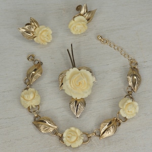 Vintage Rose Pin, Bracelet and Earring Set 12K GF, Bennett Rose Pin, Earring and Bracelet Set, Cream Colored Rose Pin, Bracelet and Earrings