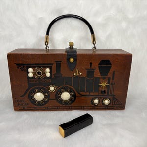 Enid Collins&#39; Iron Horse Wooden Box Handbag, Collectible Enid Collins&#39; Box Purse with Train Design, Enid Collins&#39; Brown Wooden Box Train Bag