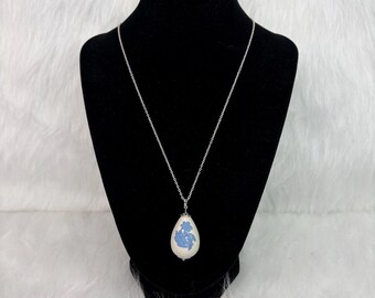 Wedgwood White Egg Pendant Necklace with Blue Lilly of the Valley Flowers, 1981 Wedgwood Easter Egg Pendant, Private Members Edition Pendant
