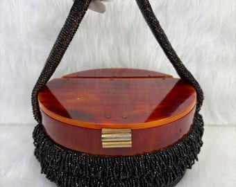 Vintage Lewis Round Seed Beaded Handbag with Bakelite Lid, Vintage Black Beaded Round Purse