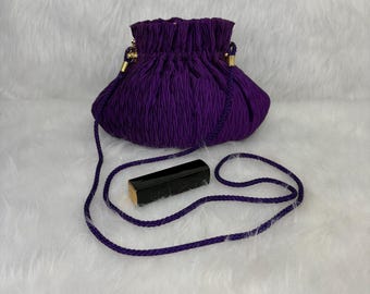 Vintage Purple Ruched Satin Whiting and Davis Shoulder Bag, 1980s Whiting and Davis Ruched Purple Shoulder Bag