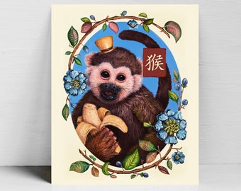 Year of the Monkey Art Print, Chinese Zodiac Horoscope