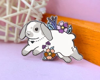 Grey and White Lop Bunny Pin, Enamel Pin, Rabbit Pin, Bunny Pin, White Rabbit Pin, Rabbit Enamel Pin, Bunny Enamel Pin