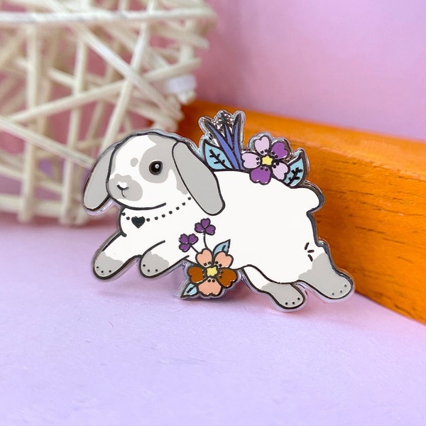 Grey and White Lop Bunny Pin, Enamel Pin, Rabbit Pin, Bunny Pin, White Rabbit Pin, Rabbit Enamel Pin, Bunny Enamel Pin