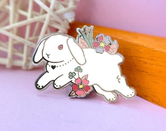 Ruby-Eyed White Lop Bunny Enamel Pin: Pet Gift