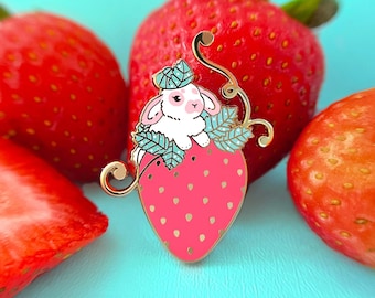 Strawberry Bunny Enamel Pin, Strawberry pin, Rabbit pin, Bunny pin, Rabbit gifts, Rabbit toy, Bunny gifts, enamel pins, hard enamel