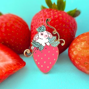 Strawberry Bunny Enamel Pin, Strawberry pin, Rabbit pin, Bunny pin, Rabbit gifts, Rabbit toy, Bunny gifts, enamel pins, hard enamel
