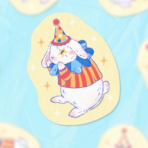 Pegatina de vinilo de conejo payaso bufón, pegatina troquelada, regalos de conejo, papelería de conejo, regalos para ella, regalo de conejo, regalo de payaso, conejito payaso
