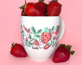 Strawberry Rabbit Ceramic Mug, Rabbit mug, Cute mug, Kawaii mug, Strawberry Mug, Bunny Mug, Artist Mug, Microwave Safe Mug