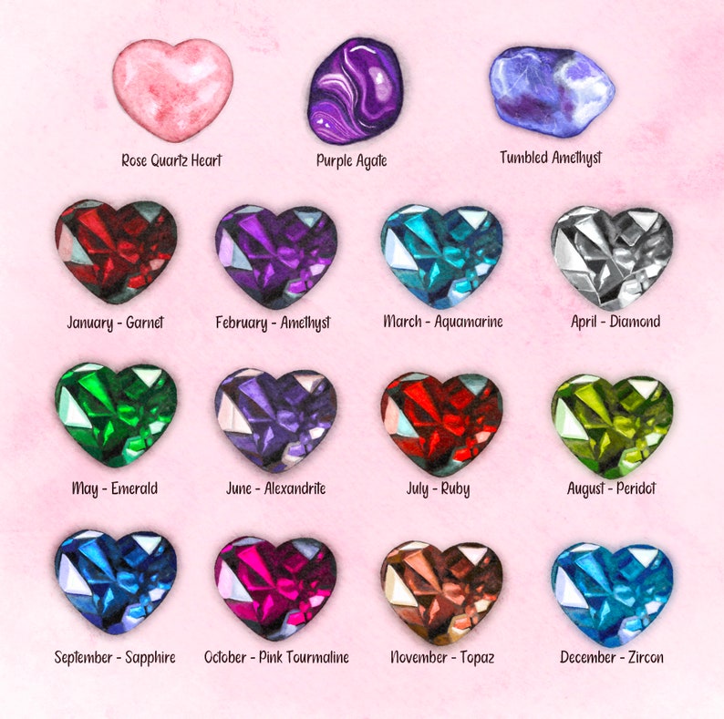 May include: A chart of birthstones for each month of the year. The chart features a heart-shaped illustration of each birthstone, with the name of the stone and month below each illustration. The birthstones are: Garnet, Amethyst, Aquamarine, Diamond, Emerald, Alexandrite, Ruby, Peridot, Sapphire, Pink Tourmaline, Topaz, and Zircon.