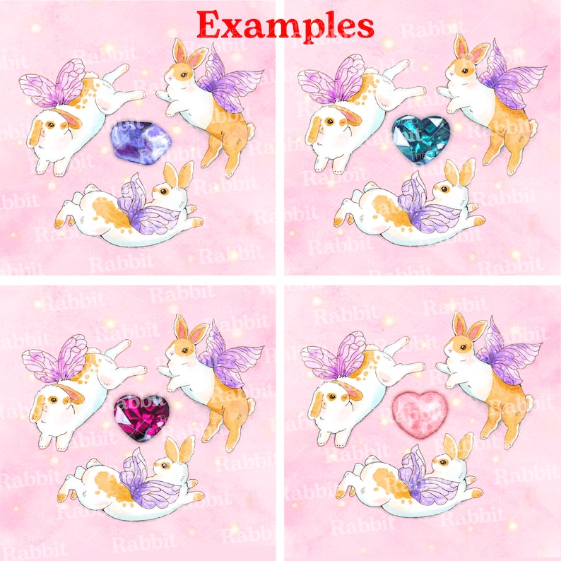 May include: Four illustrations of white rabbits with purple wings and orange fur flying with a gem or heart in front of them. The background is pink with a sparkle effect.