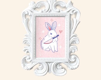 Cute and Angry Rabbit with Knife Mini Framed Art Print, Framed Art Print, Mini Art Print, Gift For Her, Gift For Girlfriend, Rabbit Knife