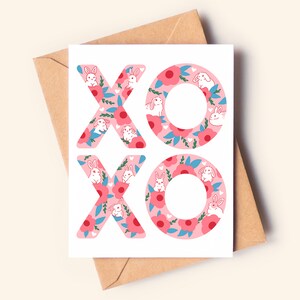 Knuffels en kusjes konijn wenskaart, blanco kaart, Valentijnsdagkaart, Valentijnsdag, valentijnscadeau, konijn cadeau, cadeau voor haar, XOXO