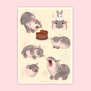 Moo Deng Art Print, 5x7 print, Artist Print, Hippo Print, Cute Animals, Kawaii Art, Kawaii art print, Kawaii tarot, Kawaii Art