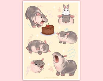 Moo Deng Art Print, 13x18, Künstlerdruck, Nilpferd Print, süsse Tiere, Kawaii Kunst, Kawaii Kunstdruck, Kawaii Tarot, Kawaii Art